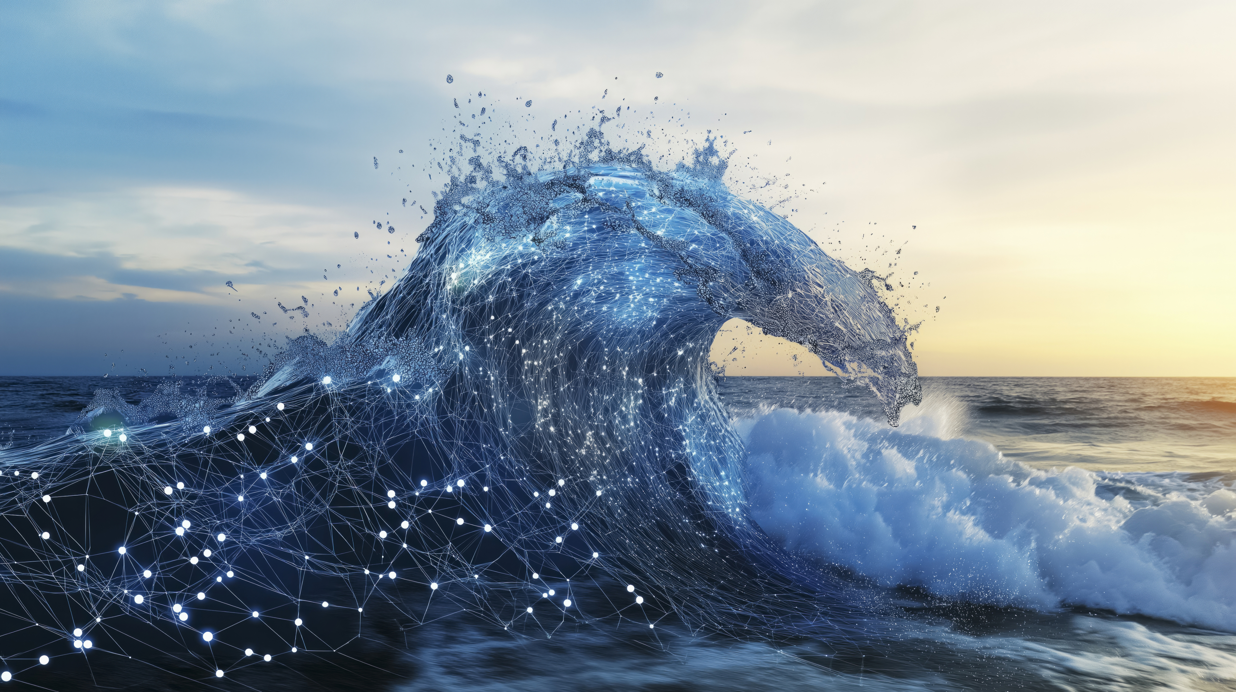 Digital network pattern forming a wave over the ocean