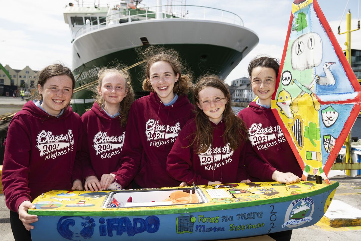 'Seoltóir Na Gaillimhe – the Galway Sailor’ was delivered to the RV Celtic Explorer by the Kilglass National School, for its first part of its voyage, out to the Atlantic Ocean to be deployed in June. Image credit Andrew Downes, XPOSURE.