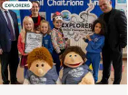 Explorers Loving Sharks news graphic with pupils and puppets