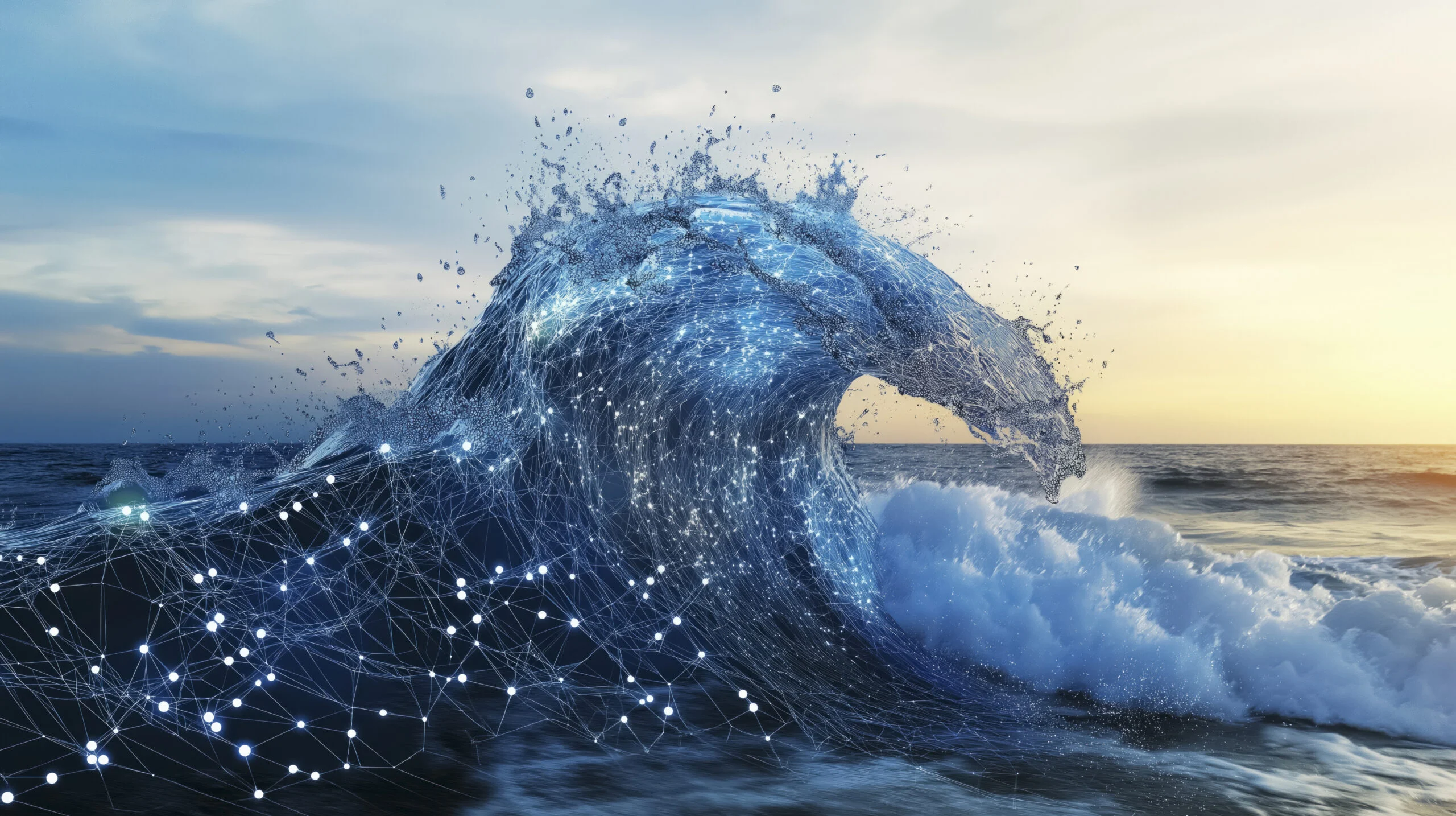 Digital network pattern forming a wave over the ocean