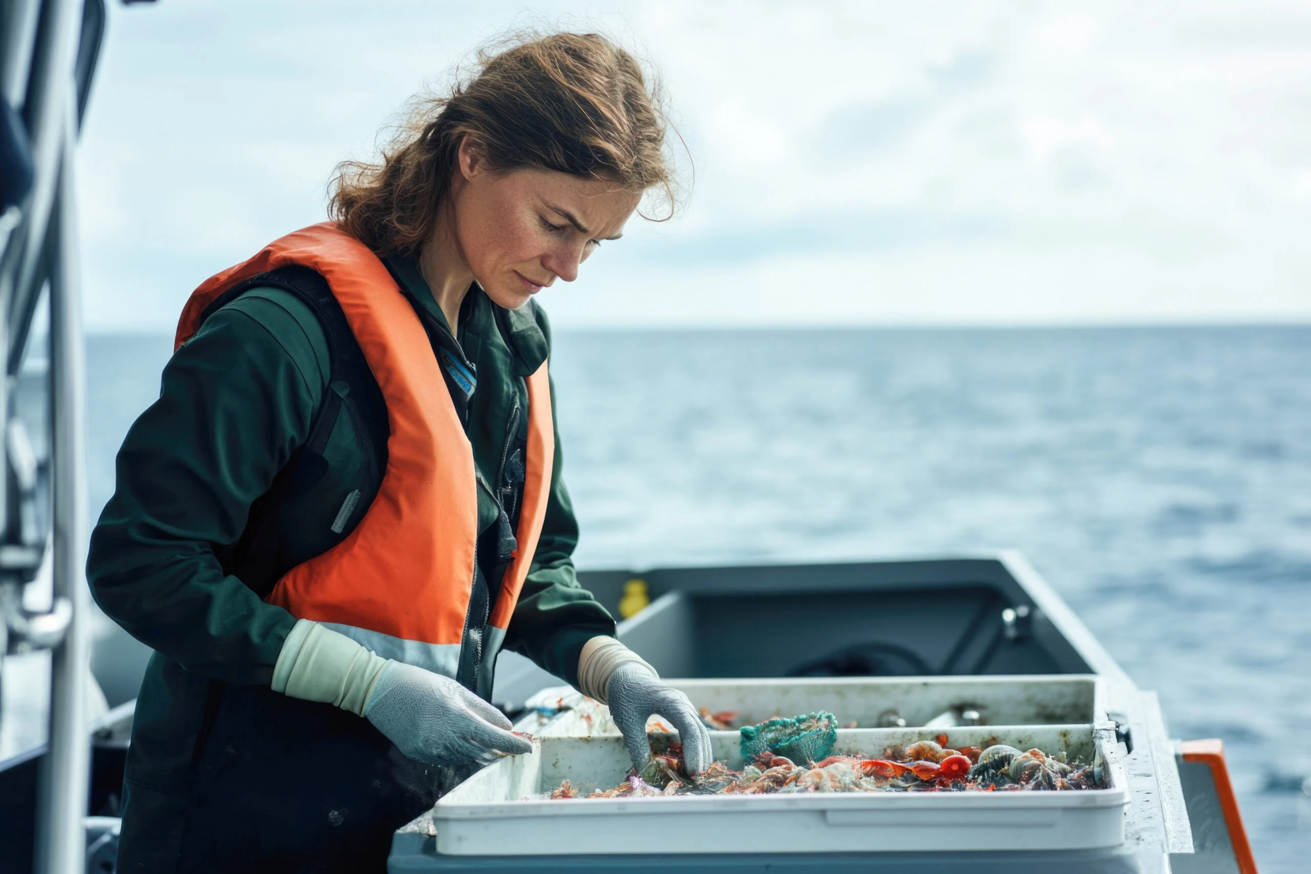 Researcher handling marine samples on a vessel