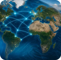 Global network links over an Atlantic-centred map