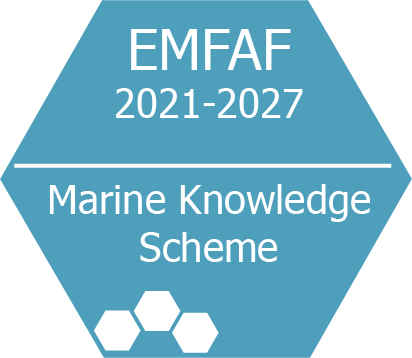 Blue hexagonal EMFAF 2021–2027 Marine Knowledge Scheme badge.