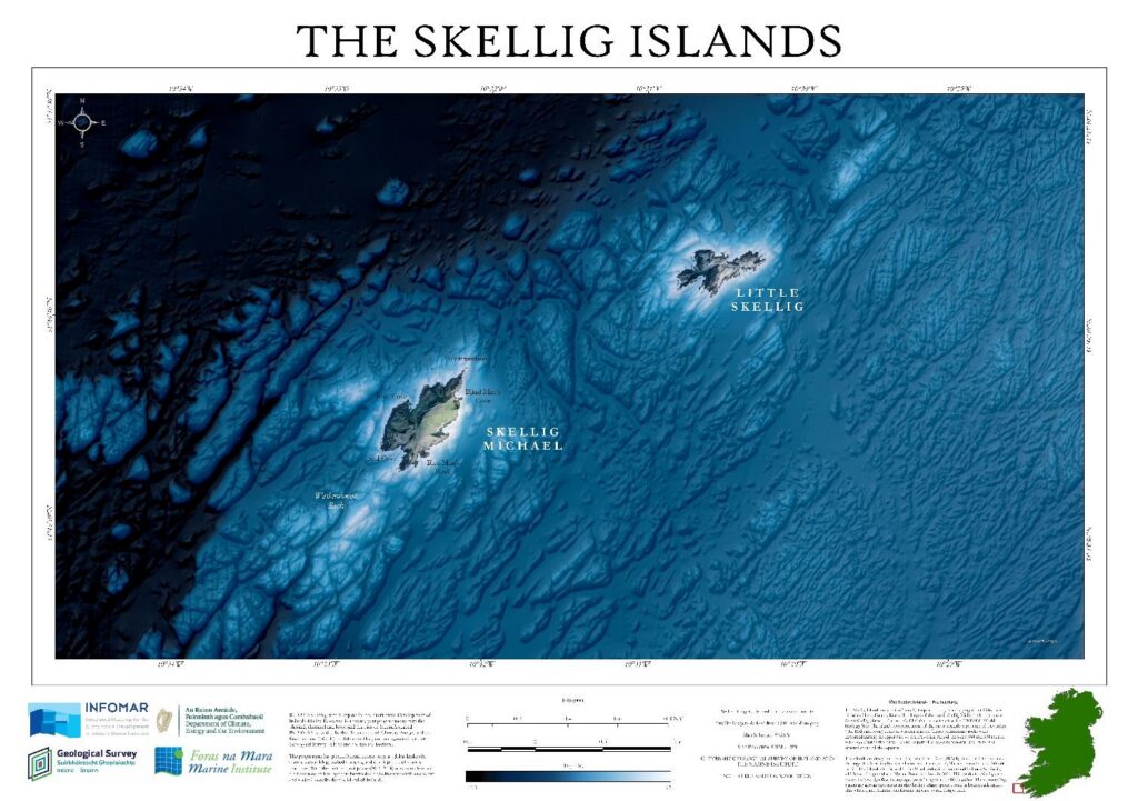 Blue-shaded bathymetric map showing the seafloor terrain around Skellig Michael and Little Skellig.