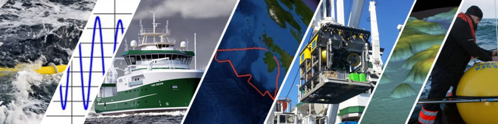 Collage of marine monitoring buoys, a data graph, the research vessel Tom Crean, mapped ocean data and survey equipment being deployed at sea.