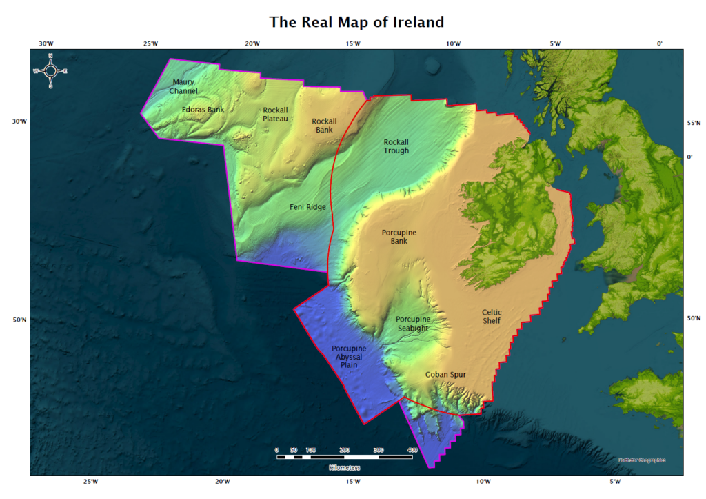 Colour-coded bathymetric map of Ireland’s seabed, labelling major features including the Celtic Shelf, Porcupine Bank, Rockall Bank and Rockall Trough.