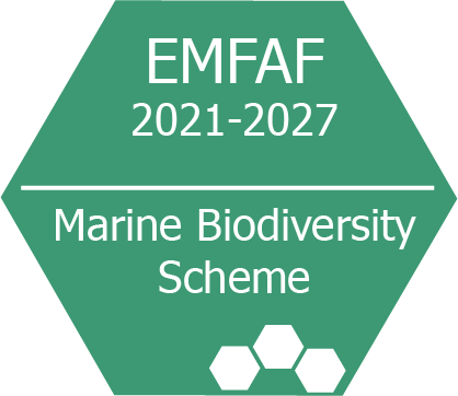 Green hexagonal EMFAF 2021–2027 Marine Biodiversity Scheme badge.