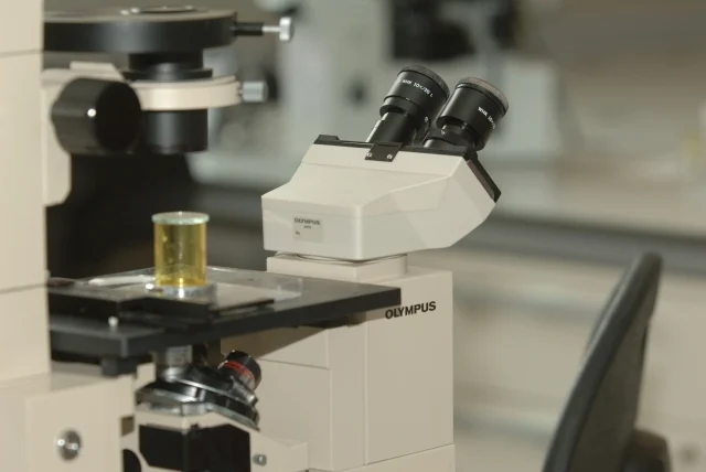 Laboratory microscope with a sample container on the stage.