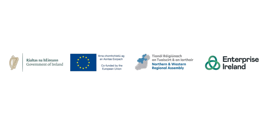 Logos of the Government of Ireland, European Union, Northern and Western Regional Assembly, and Enterprise Ireland.