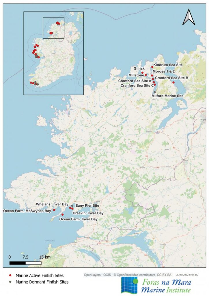 Map of active and dormant marine finfish sites in County Donegal, with clusters on the north and southwest coasts.