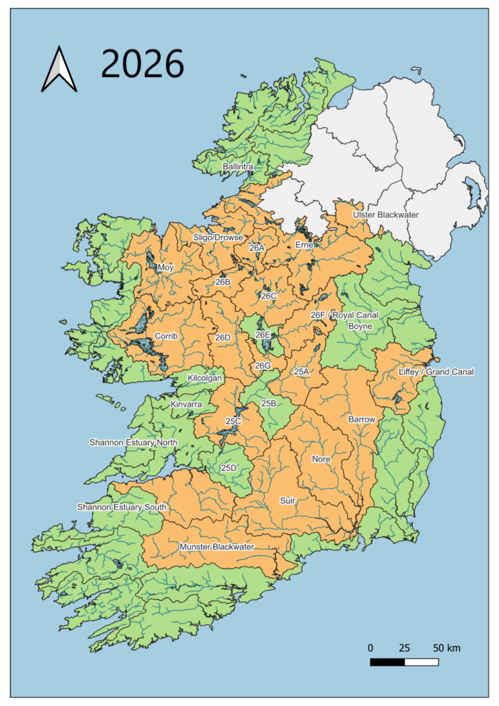 Map of Ireland for 2026 with affected river catchments highlighted in orange and other catchments in green; highlighted areas extend across much of the centre, south and west.