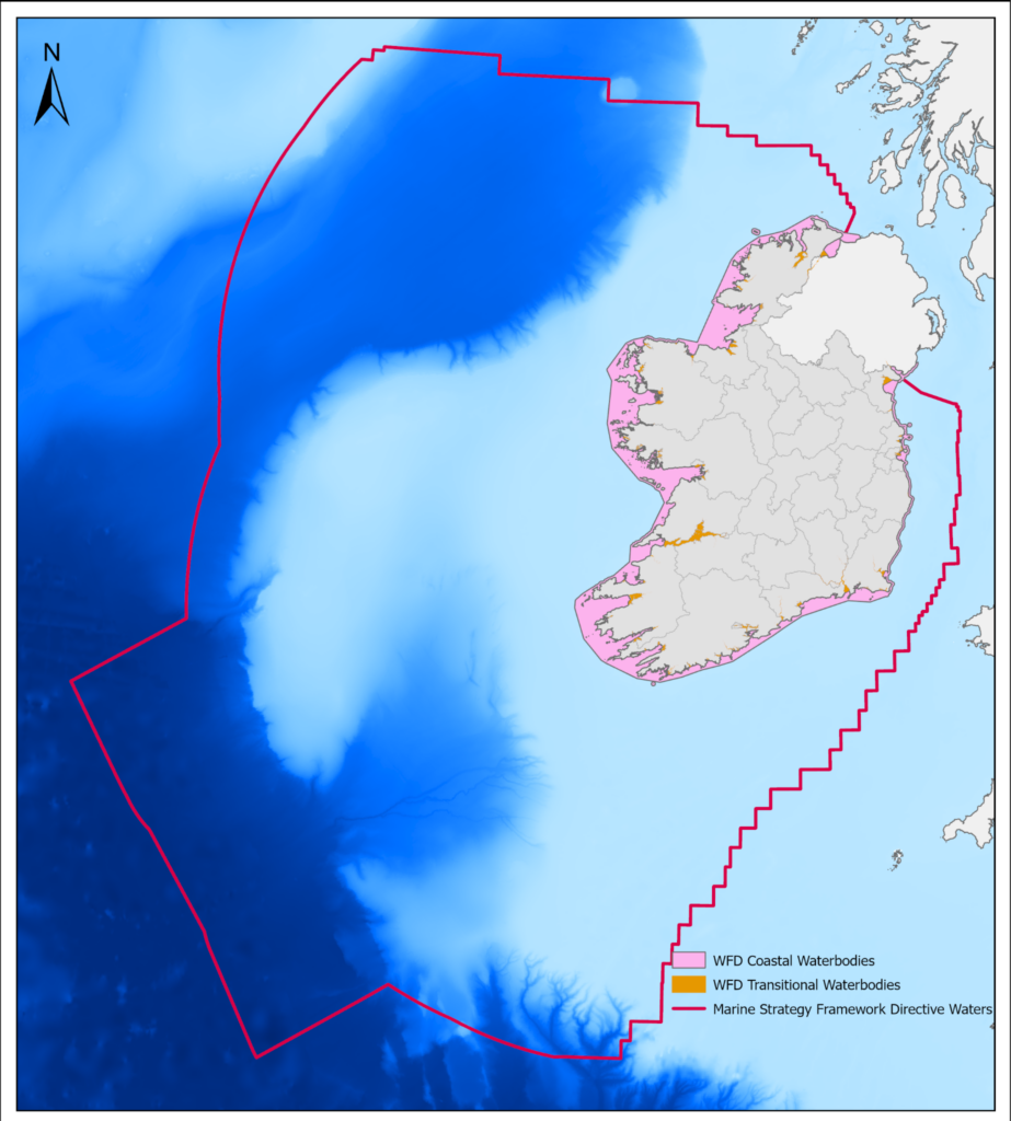 Map of Ireland showing coastal water bodies in pink, transitional water bodies in orange, and the offshore Marine Strategy Framework Directive boundary in red.