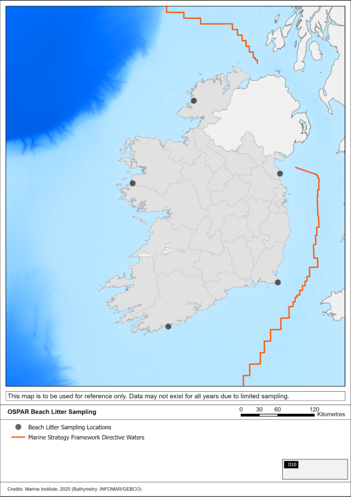 Map of Ireland showing five OSPAR beach-litter sampling locations on the north-west, west, east, south-east and south coasts.