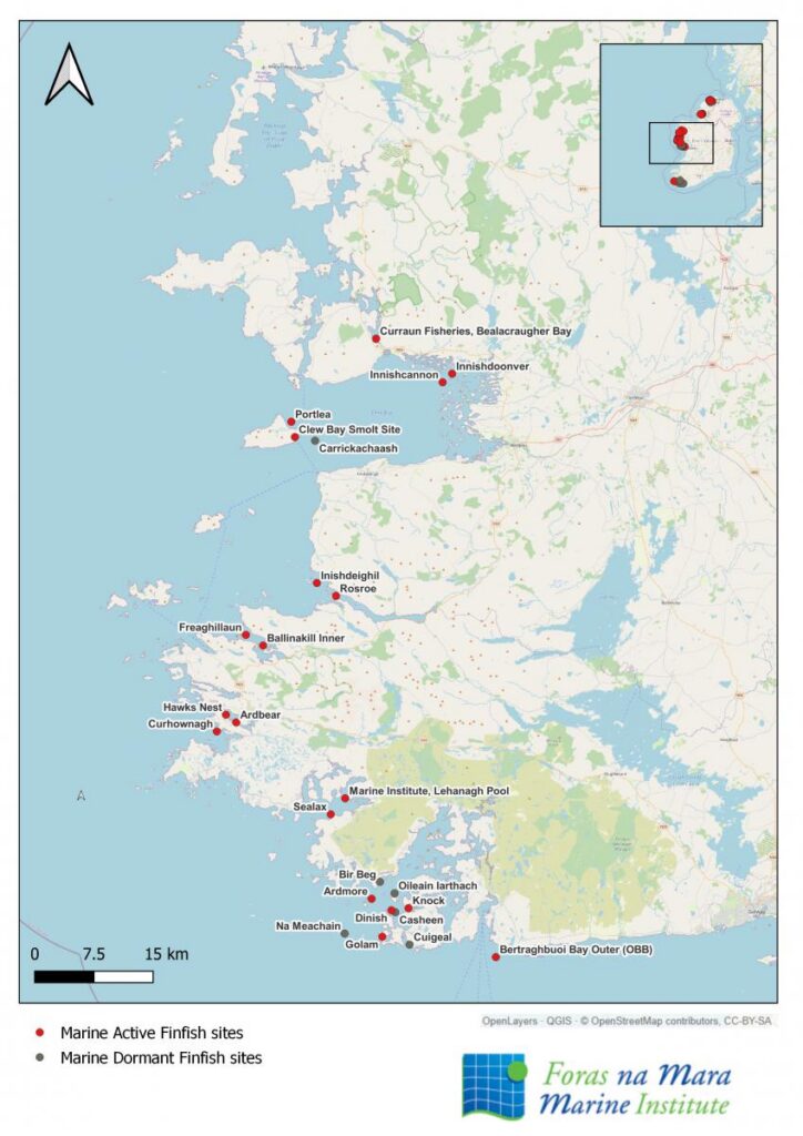 Map of marine finfish sites along Ireland’s west coast from Mayo to Galway, with active sites marked red and dormant sites grey.