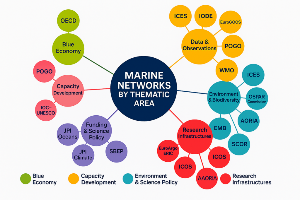 Network diagram grouping Marine Institute international links into six themes: Blue Economy, Capacity Development, Funding and Science Policy, Data and Observations, Environment and Biodiversity, and Research Infrastruct