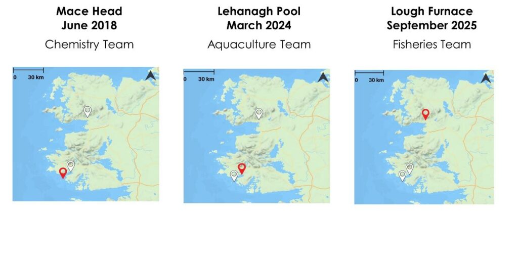 Three maps of western Ireland marking Sentinel sites: Mace Head, established June 2018 by the Chemistry Team; Lehanagh Pool, March 2024 by the Aquaculture Team; and Lough Furnace, September 2025 by the Fisheries Team.
